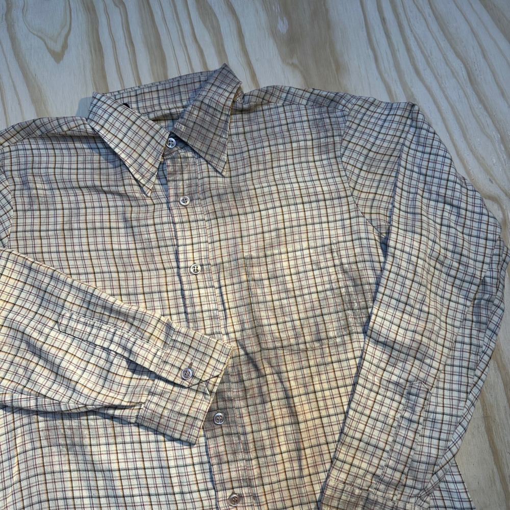 Vintage Mens Beige Plaid Long Sleeve Button Down Shirt Poly Cotton Blend